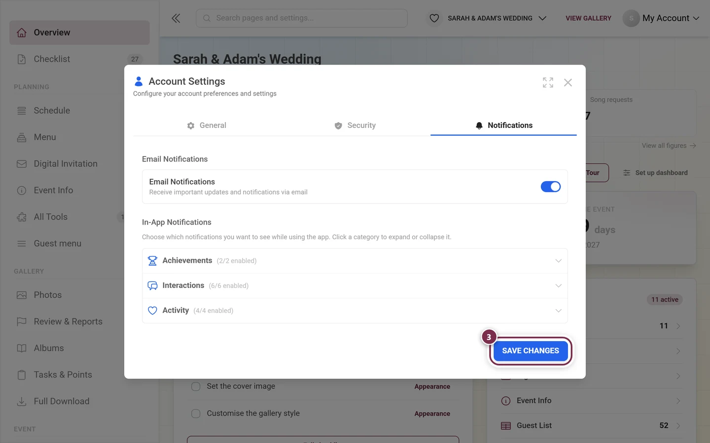 Bottom of the Notifications tab with the Save changes button highlighted in red