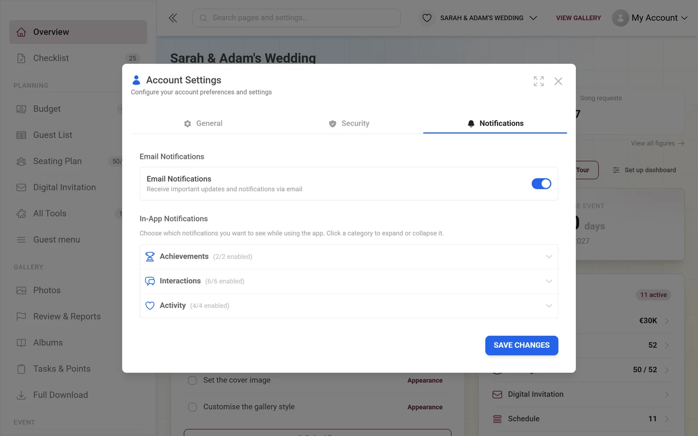 Account settings dialog with the Notifications tab active