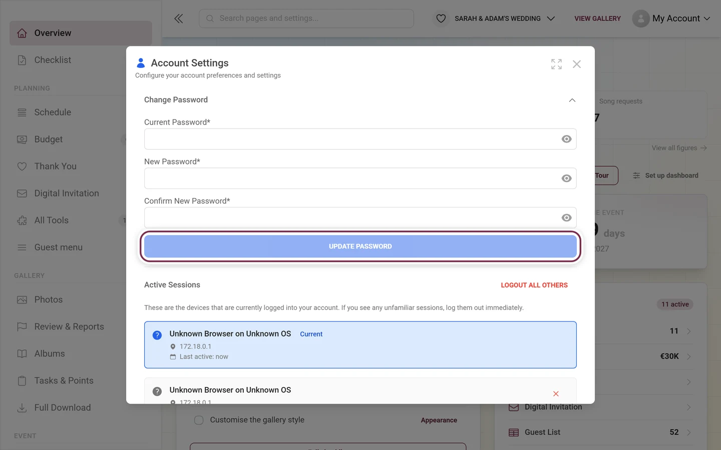 Security tab of the account settings with the password form expanded and the submit button highlighted