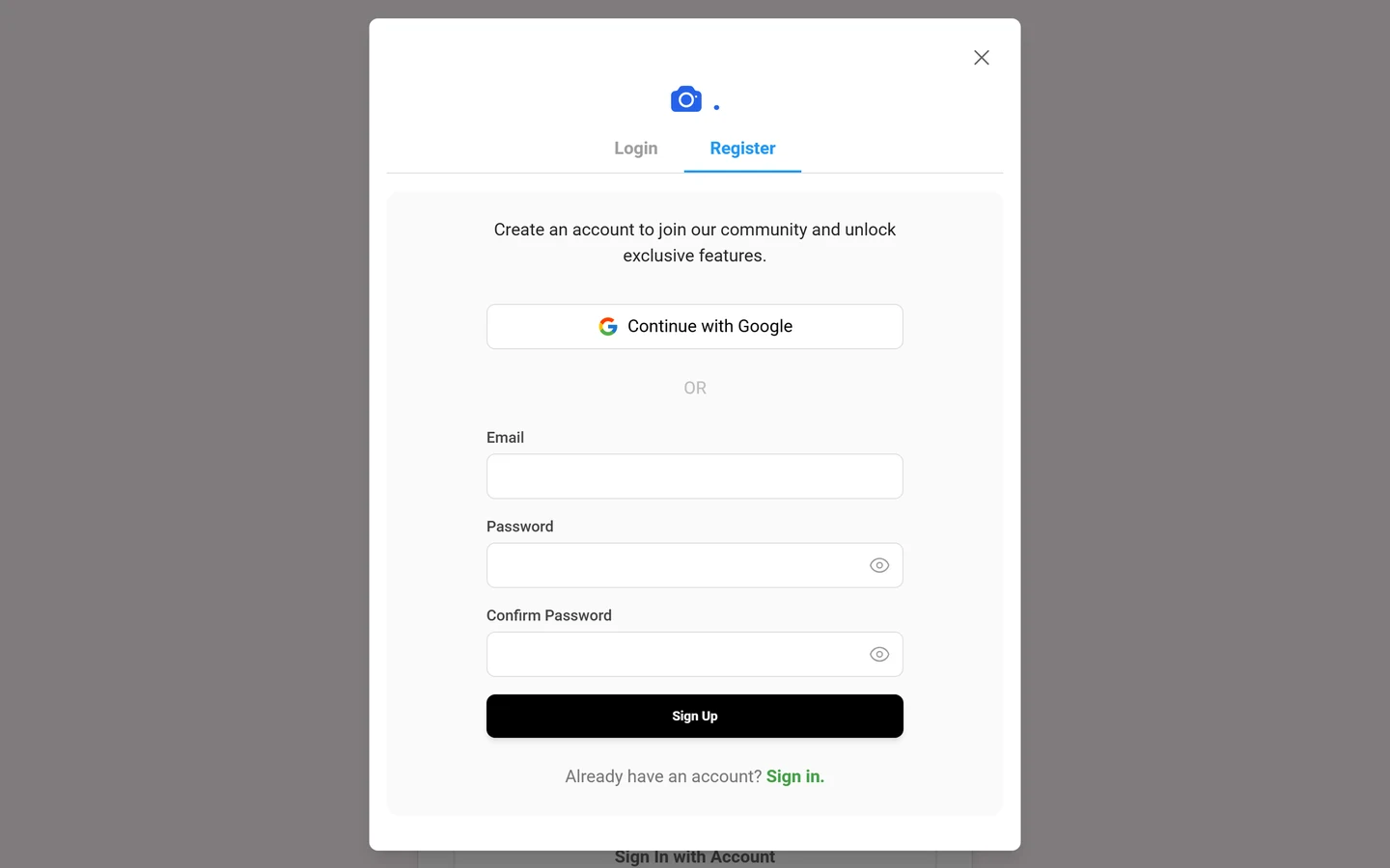 Sign-up view with email, password, and confirm-password fields