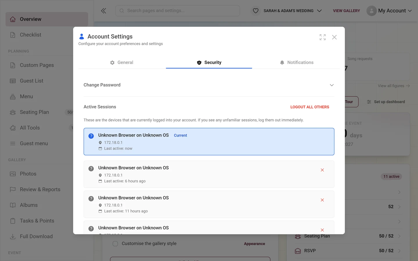 Security tab of the account settings with the list of active sessions