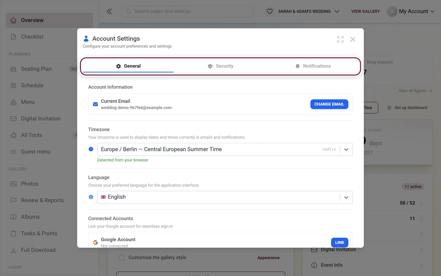 Account Settings dialog with the tab row highlighted in red