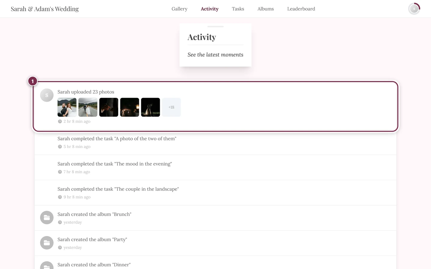 Activity feed with the topmost, newest row highlighted