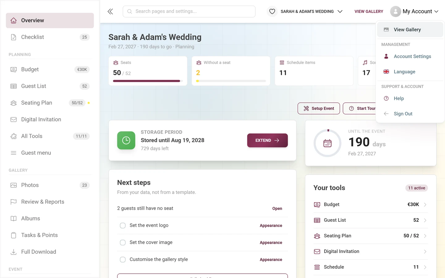 Opened My Account menu with the sections Management and Support and Account