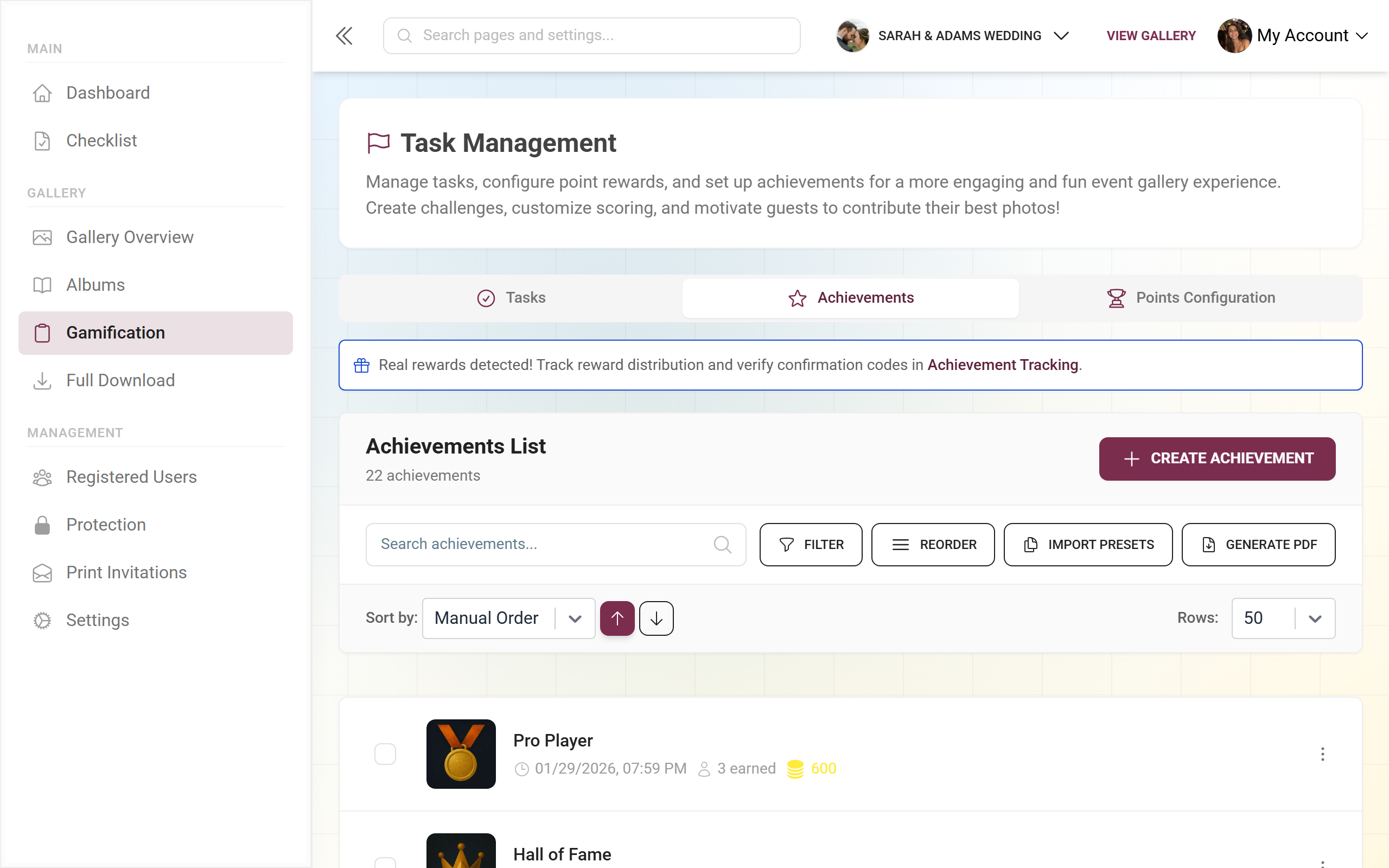Achievements list in the gamification area