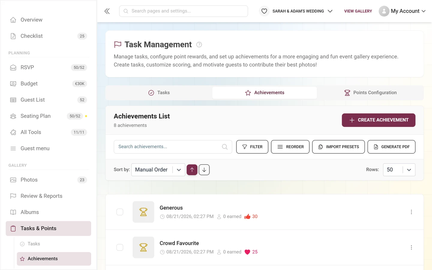 Achievements list in the Tasks and Points area