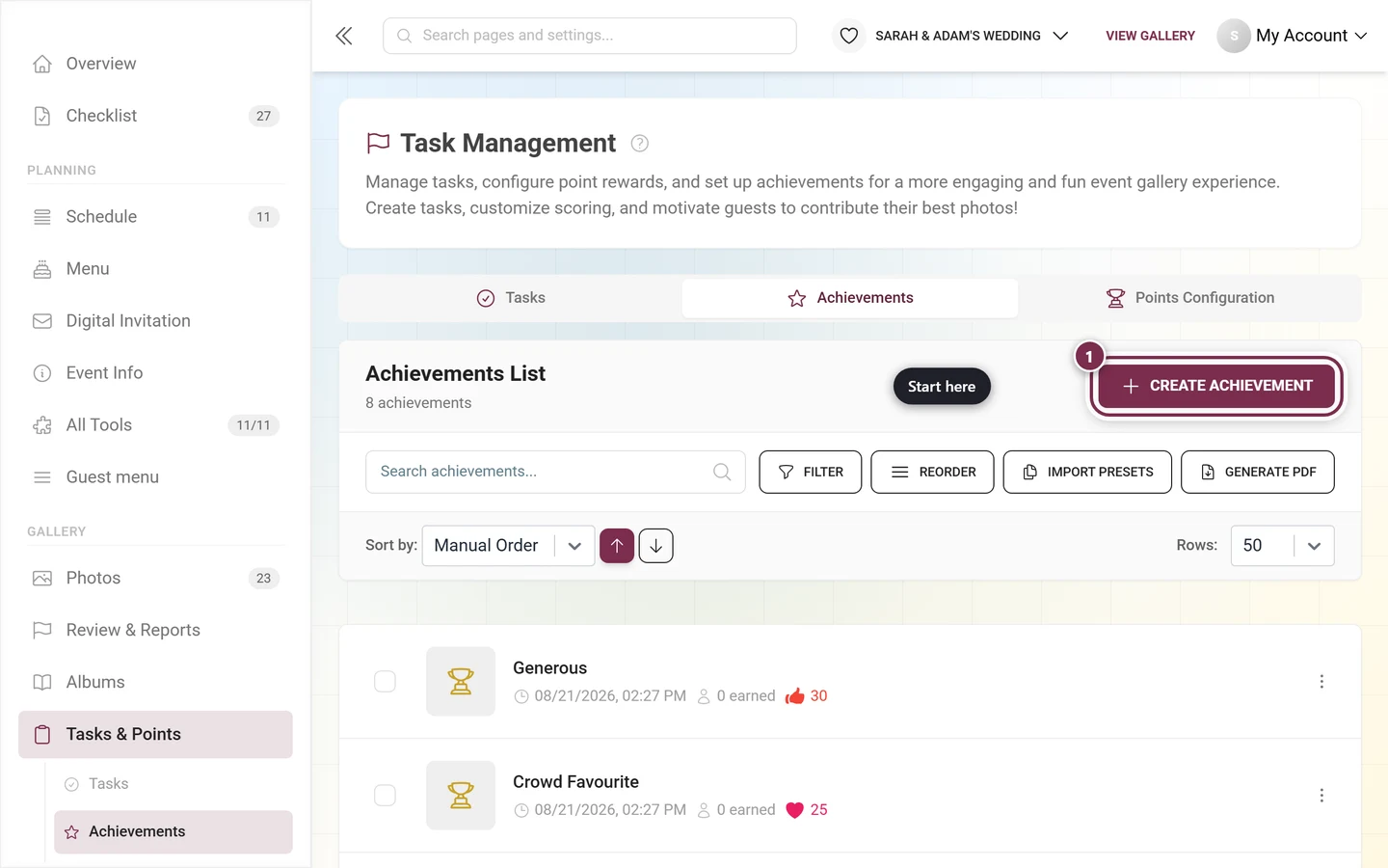 Achievement management with the Create Achievement button highlighted in red above the list