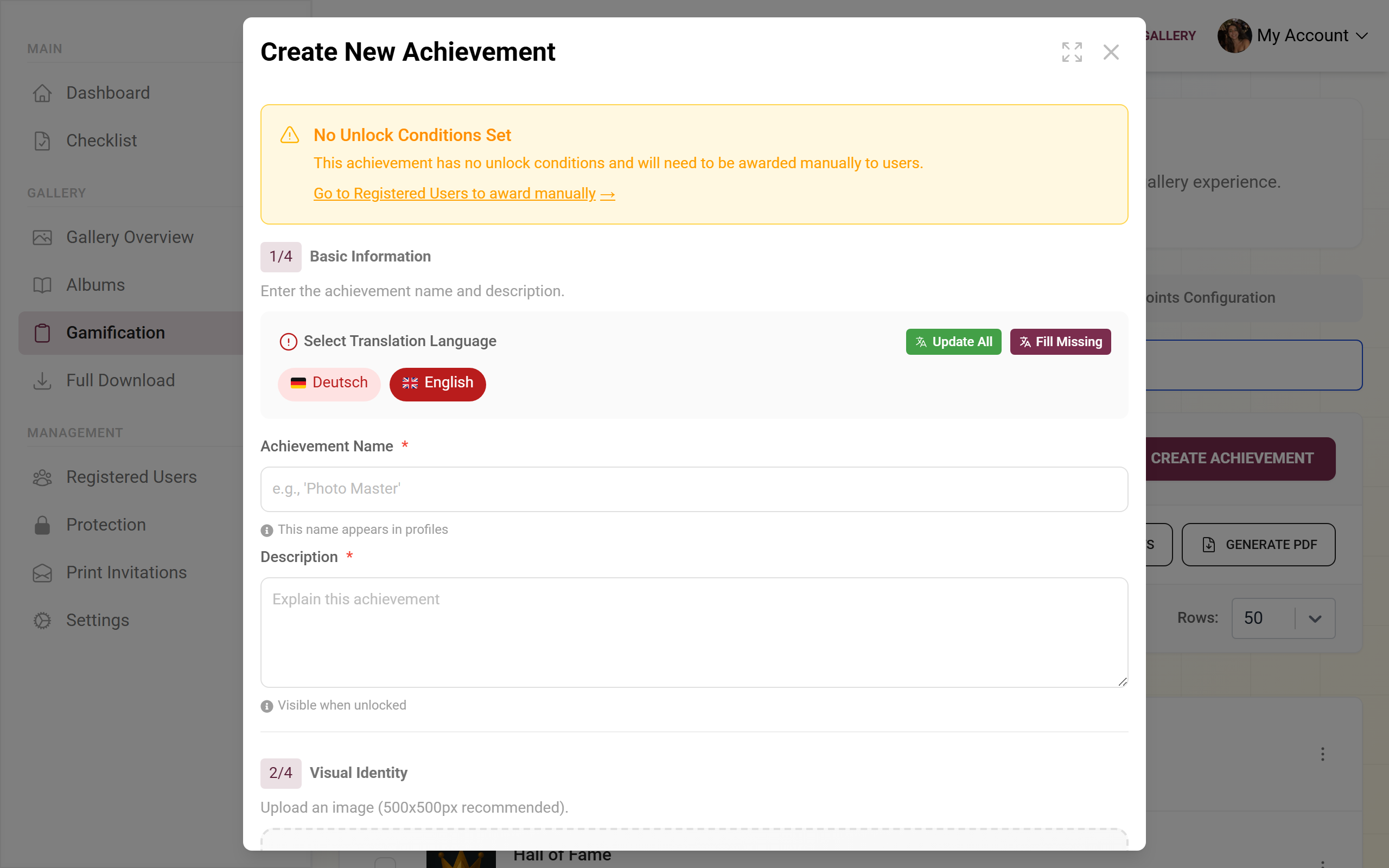 Dialog for creating an achievement with name, condition and reward