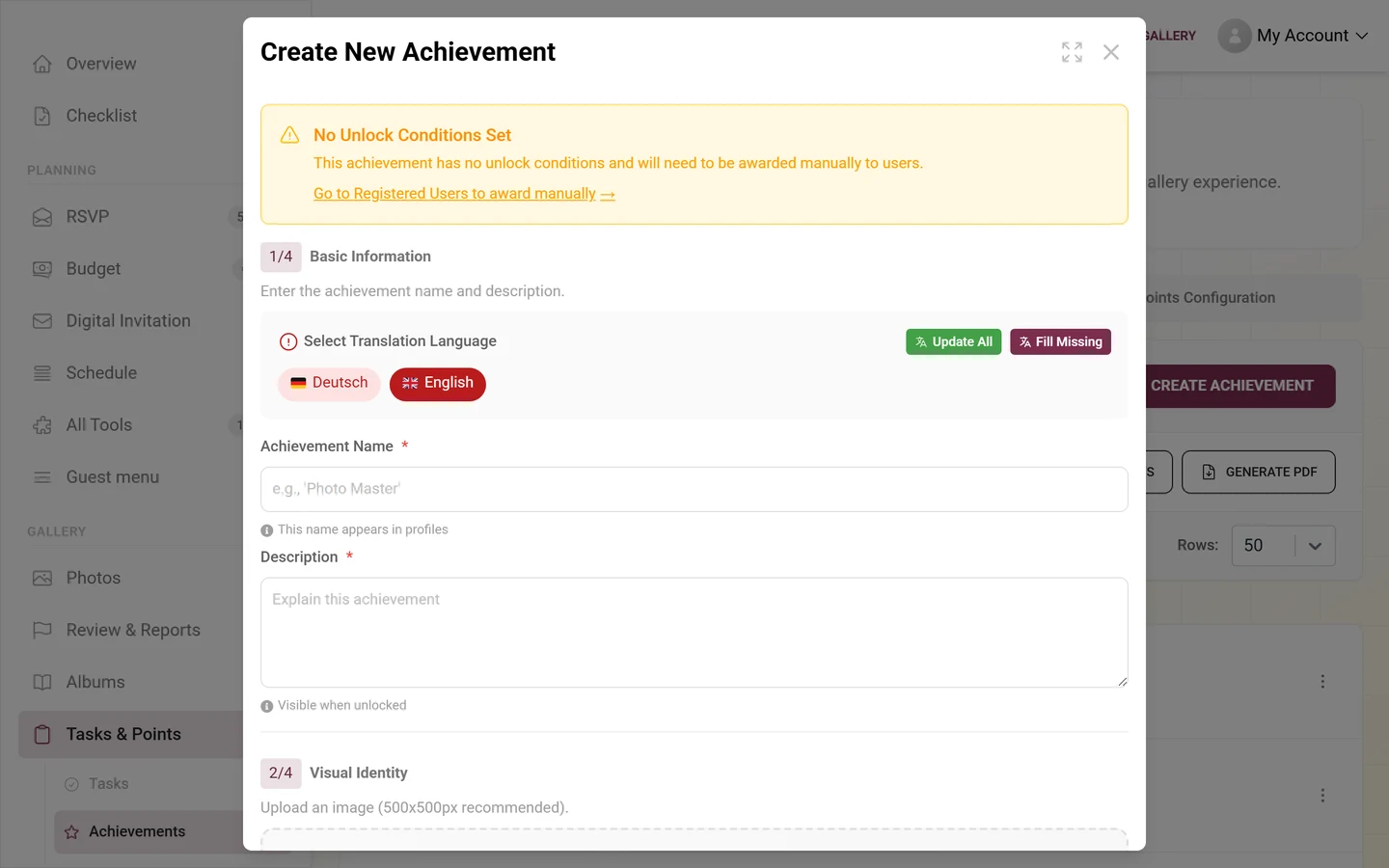 Achievements editor with fields for name, condition, and reward