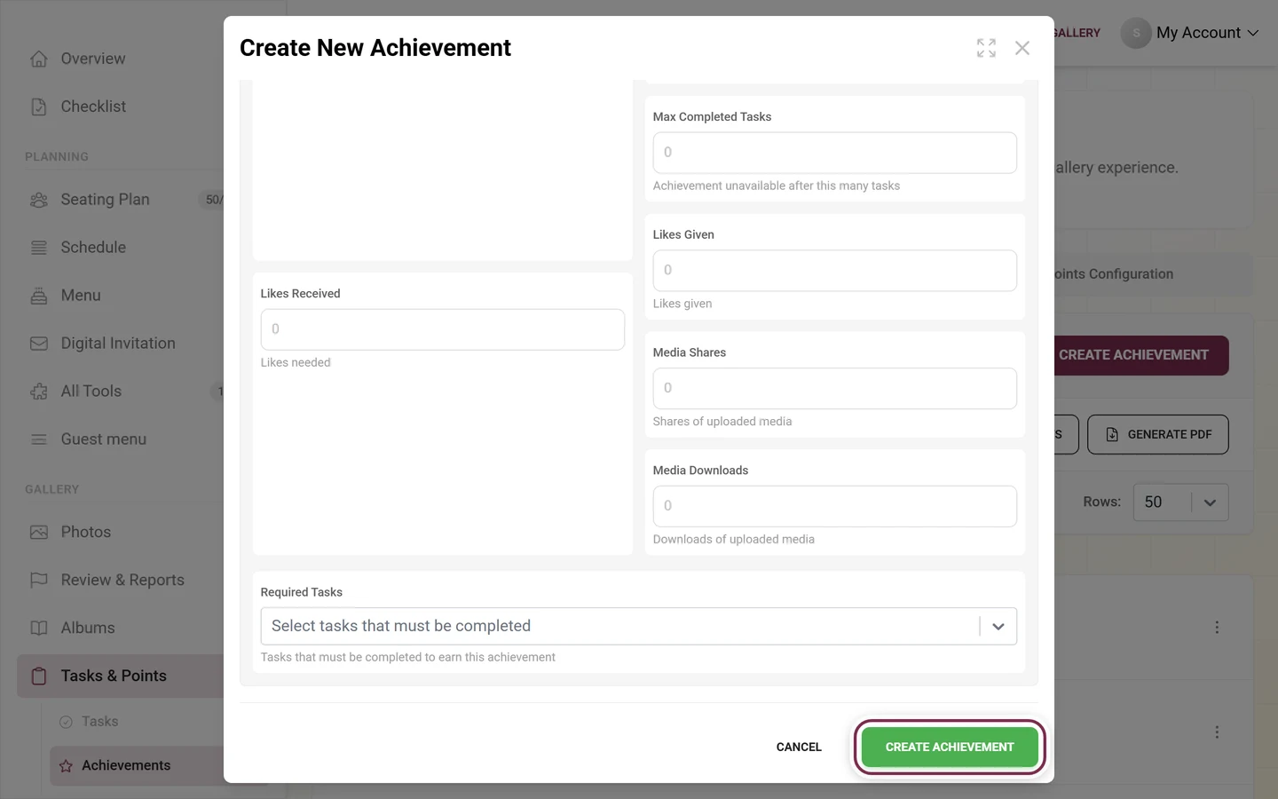 Bottom of the achievement editor with the Create Achievement button highlighted in red next to Cancel