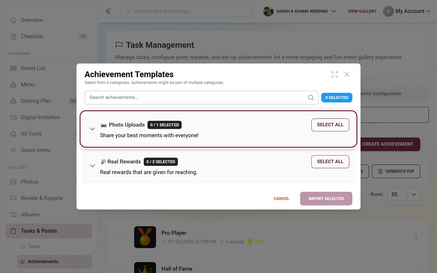 Achievement Templates dialog with the first category row highlighted in red