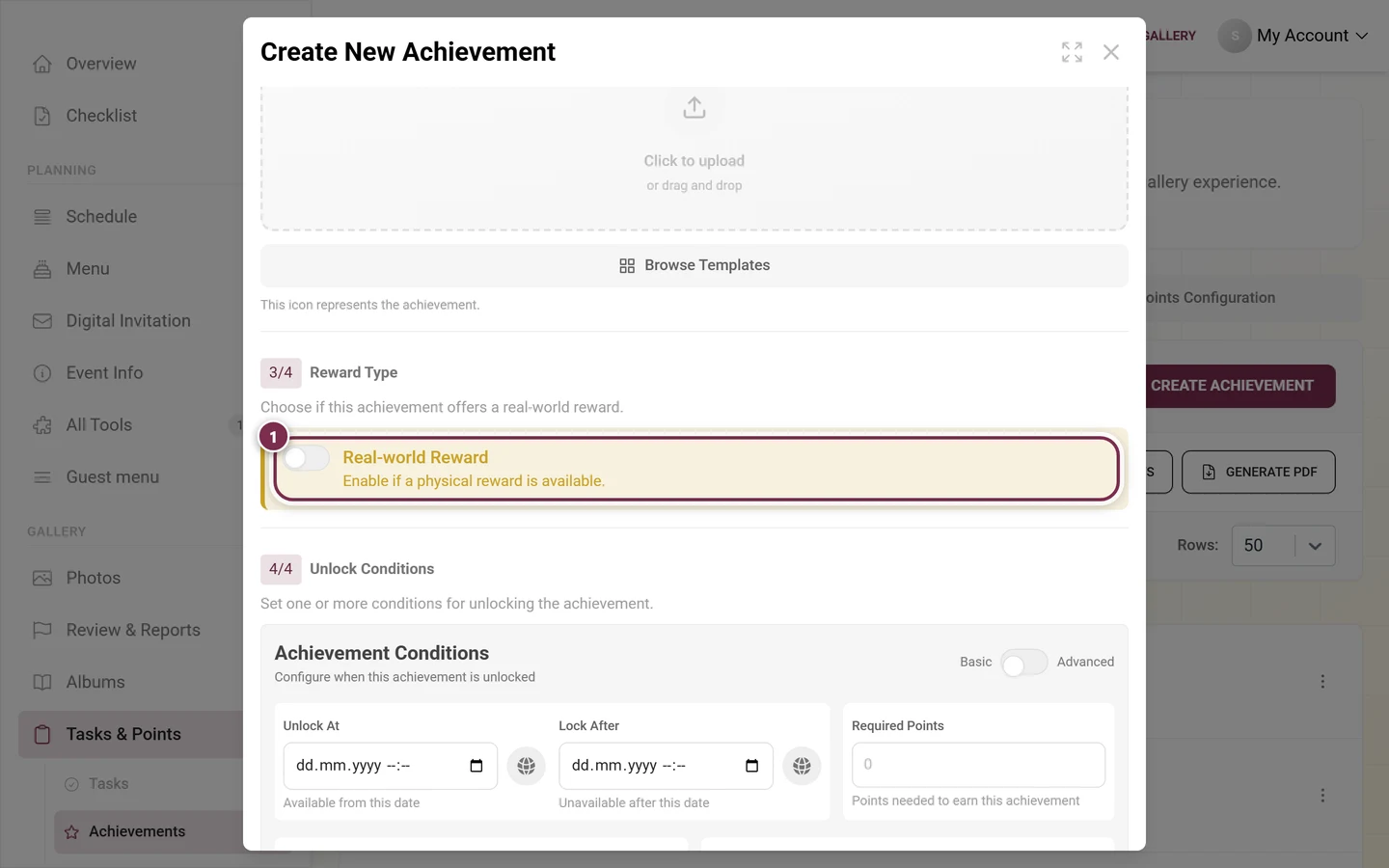 Reward Type section in the editor with the still disabled Real-world Reward switch highlighted in red