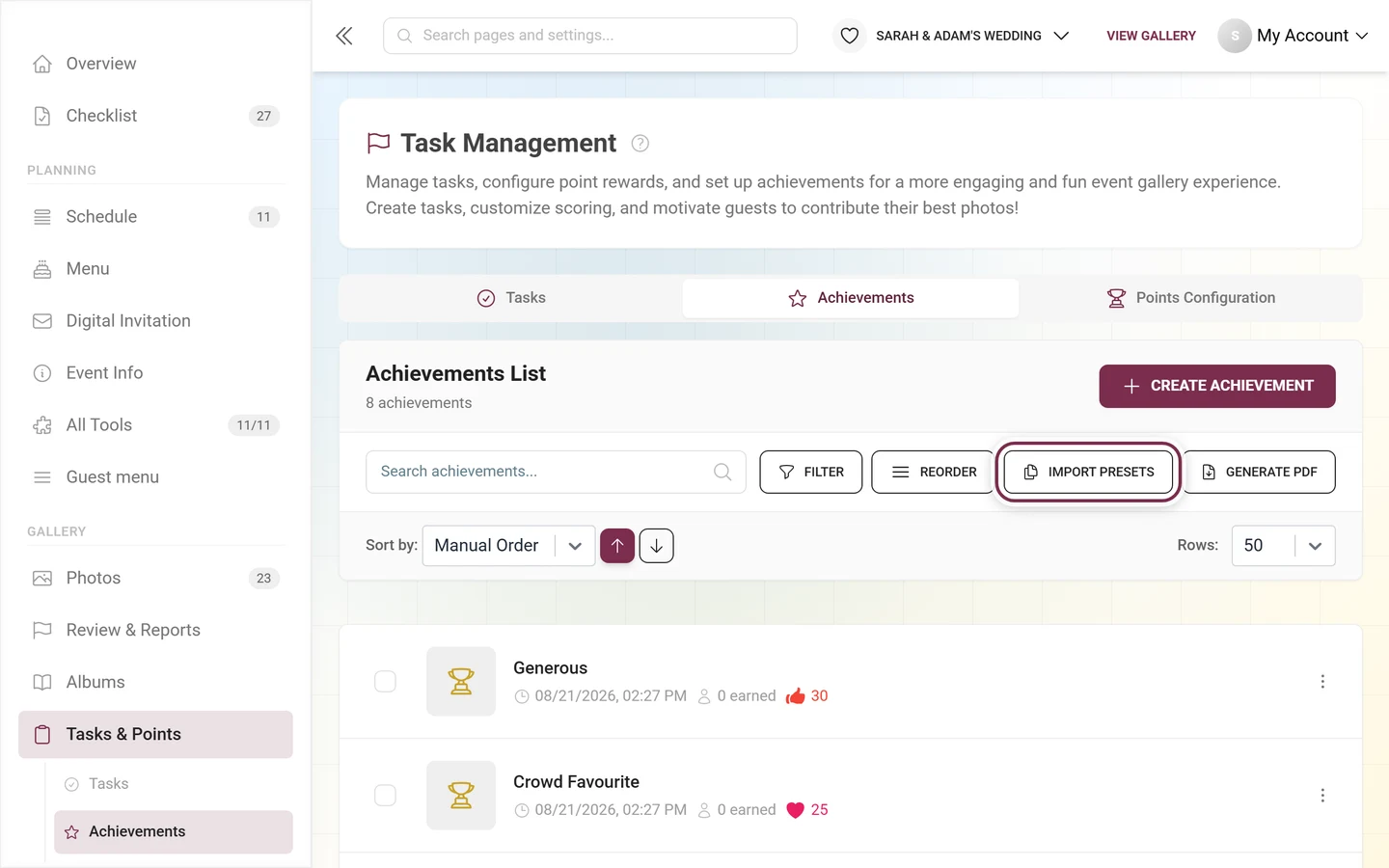 Toolbar of the achievement management with the Import Presets button highlighted in red