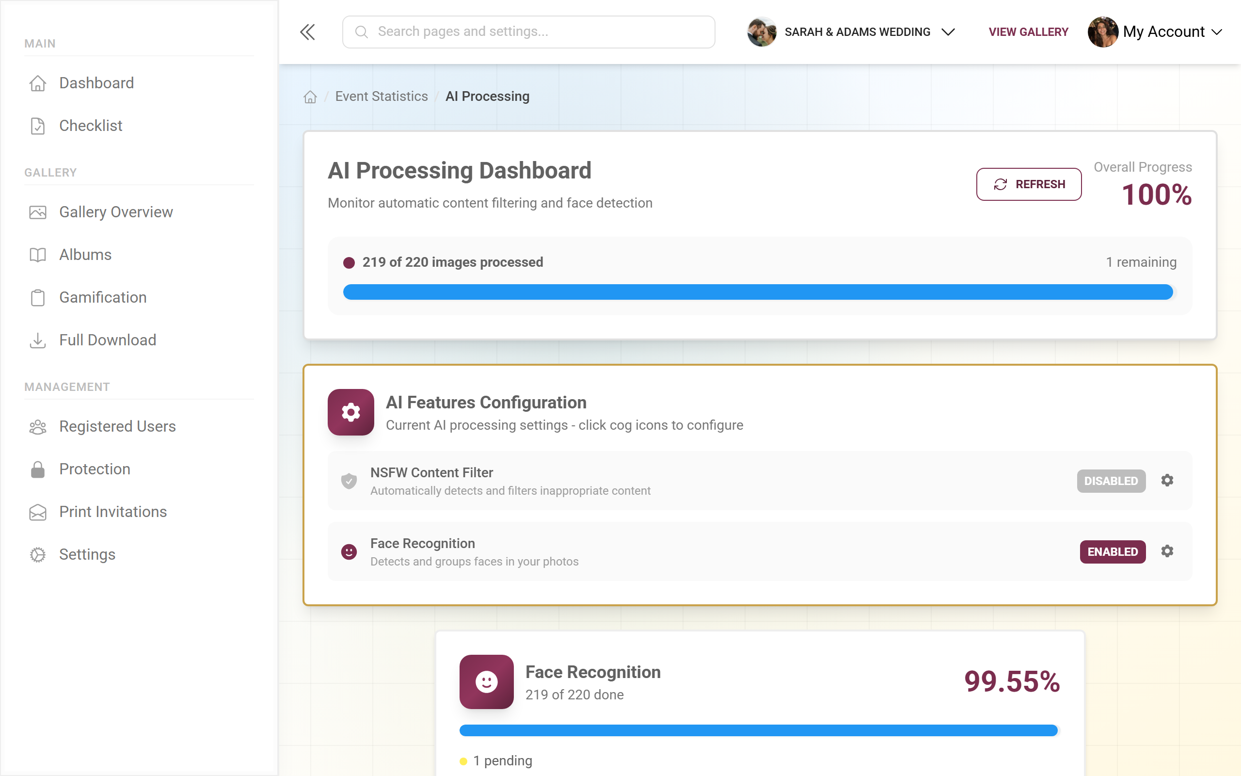 AI processing dashboard with NSFW filter and face recognition