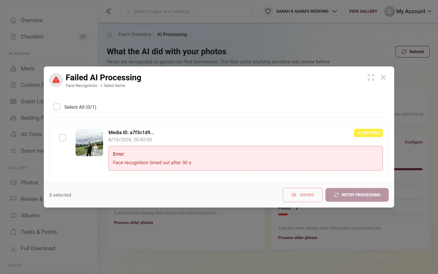 Failed AI Processing dialog with one entry showing a thumbnail, a retry chip and a red error box