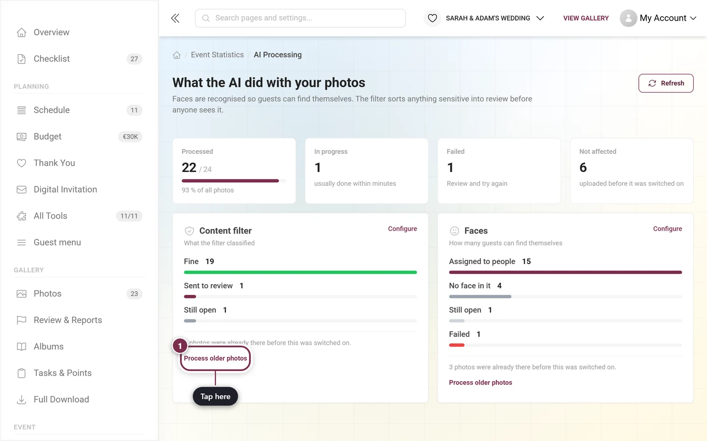 AI processing feature card with the Process older photos button highlighted