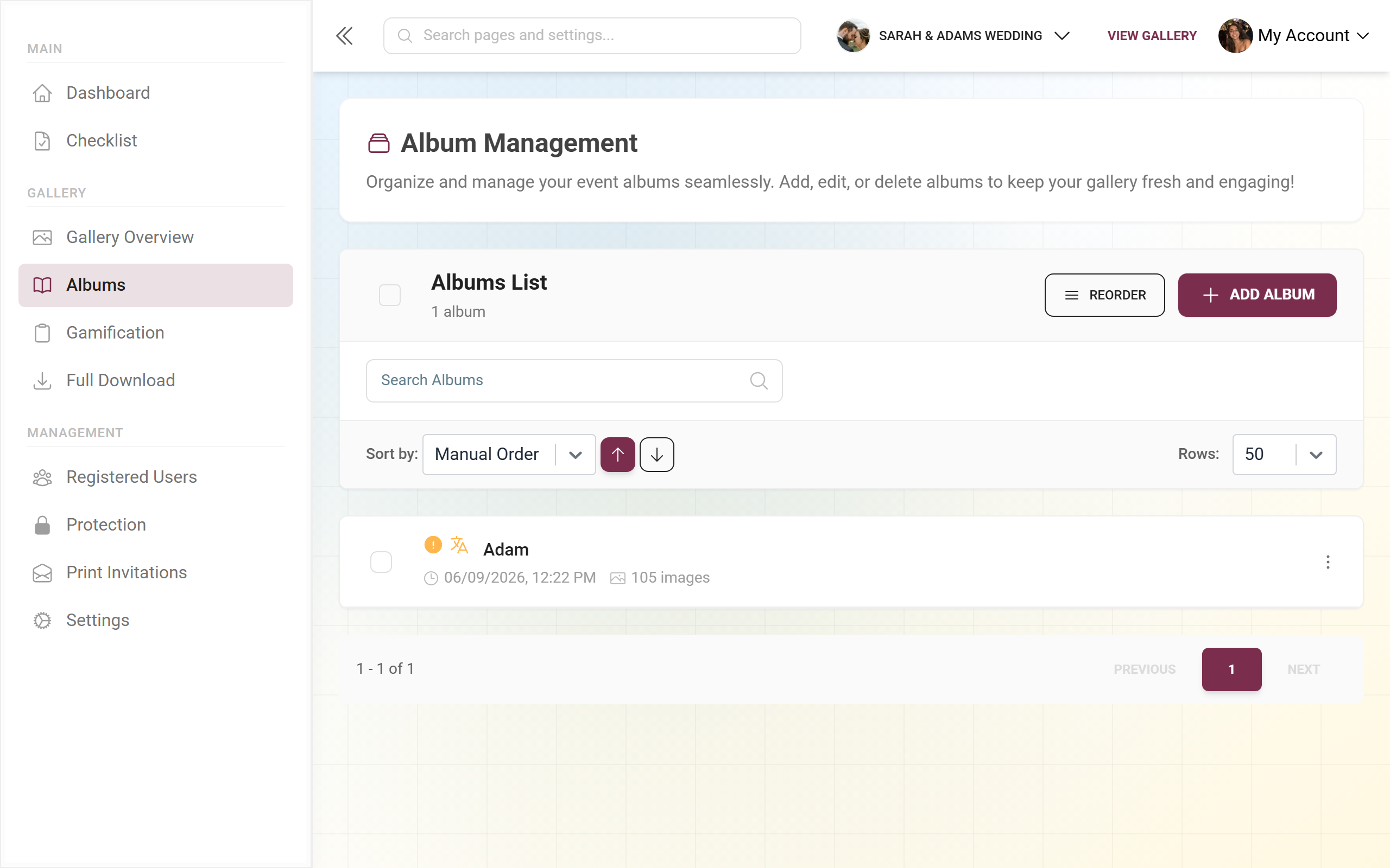 Album manager with the list of albums
