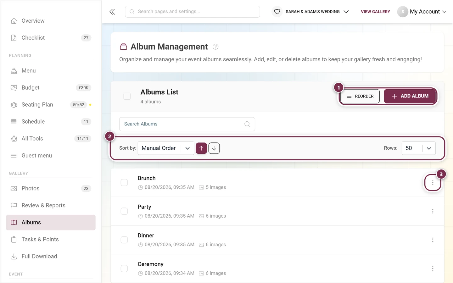 Album manager with album list, search, sorting and a new-album button