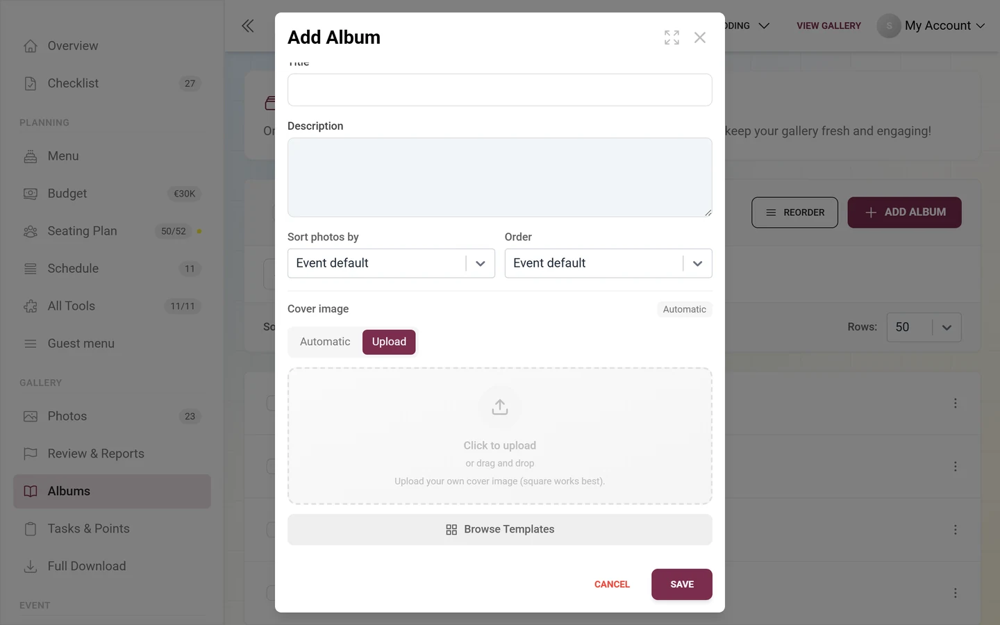 Cover image block in the Add Album dialog with the Automatic and Upload tabs