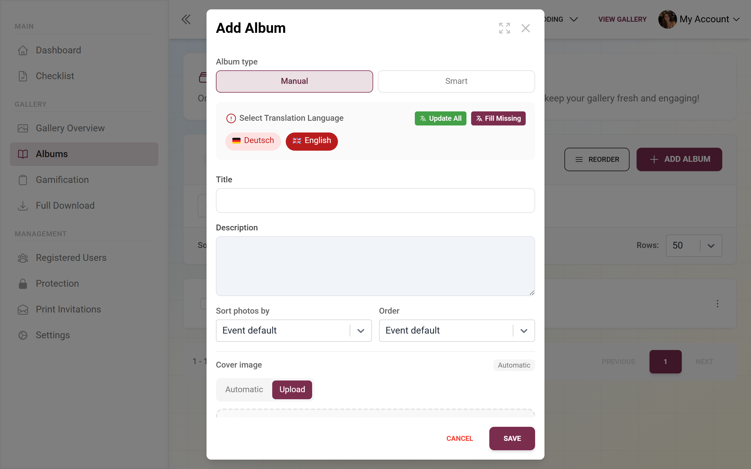 Add-album dialog with album type, title, description, photo sorting and cover image