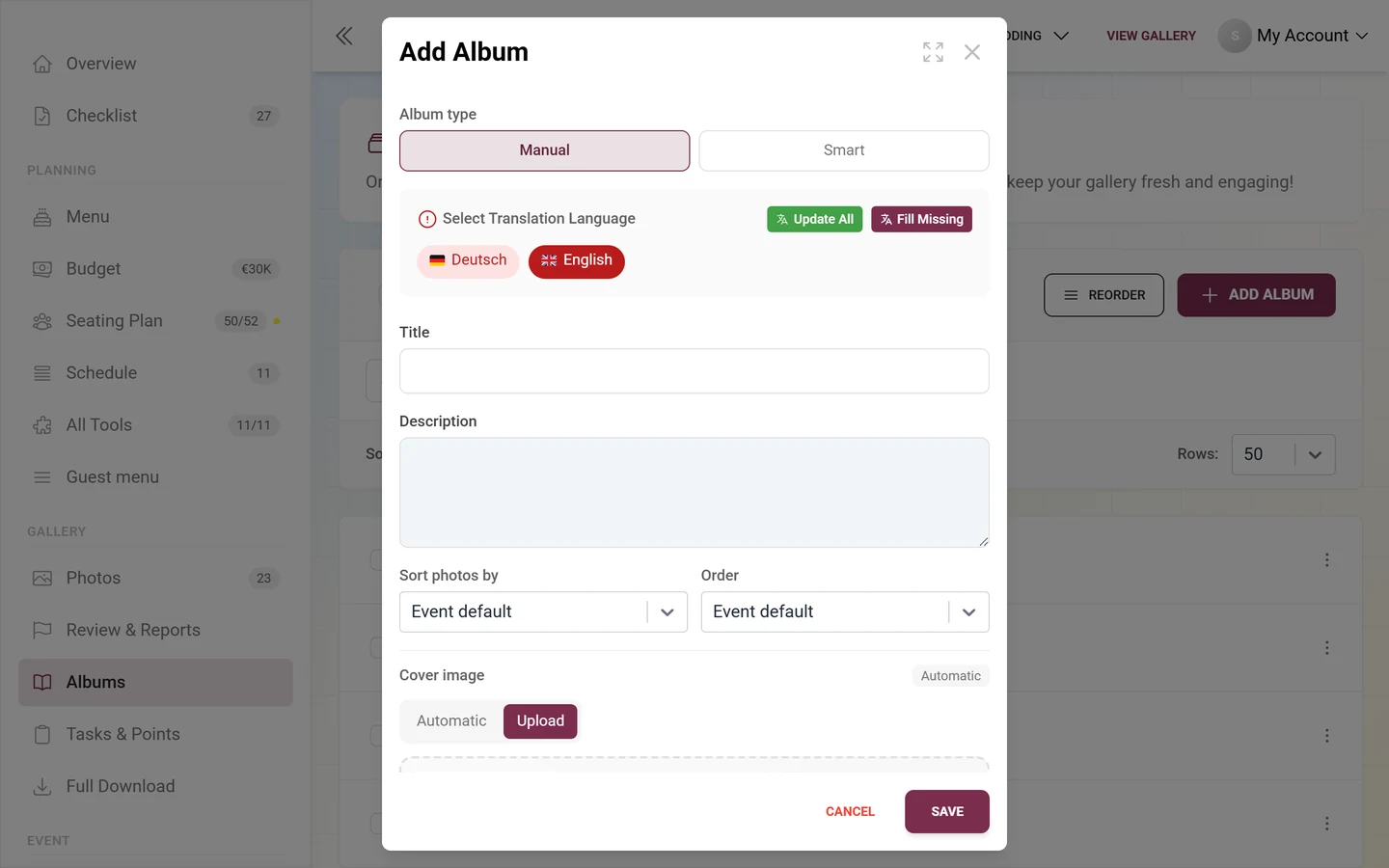 Add-album dialog with album type, title, description, photo sorting and cover image