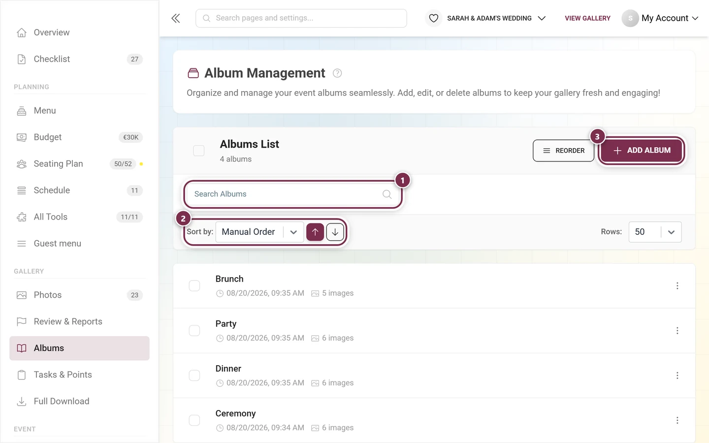 Header of the album manager with the search field, the sort control and the Add Album button highlighted