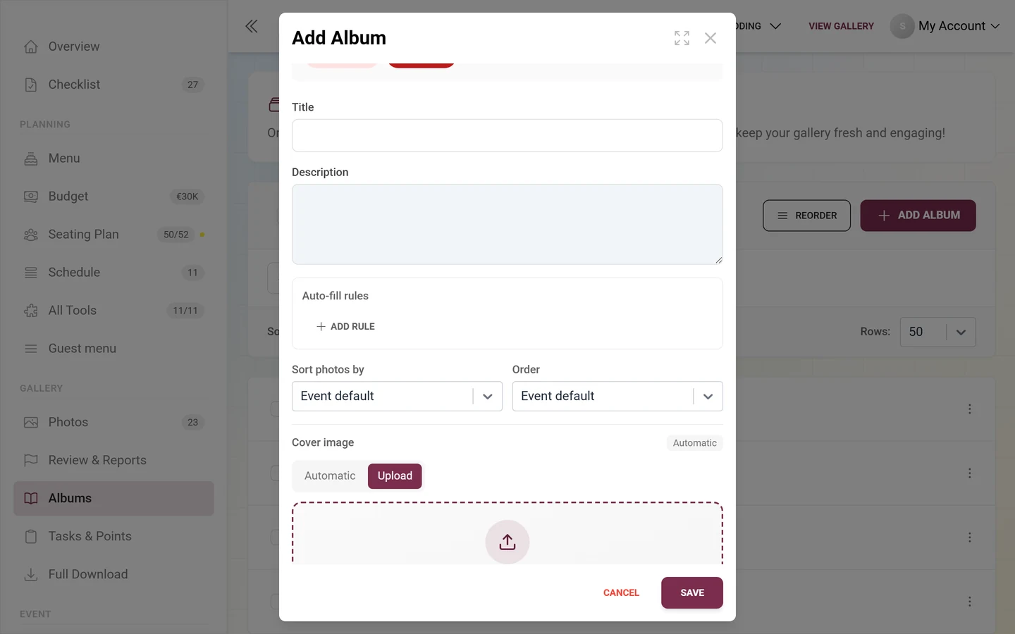 Album dialog with the Auto-fill rules block and the Add rule button