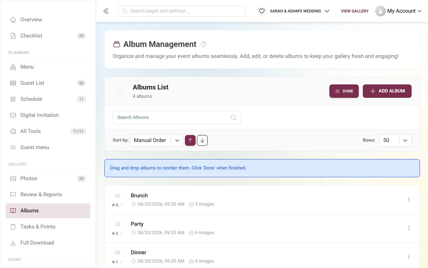 Album manager in reorder mode with the drag-and-drop hint and the Done button
