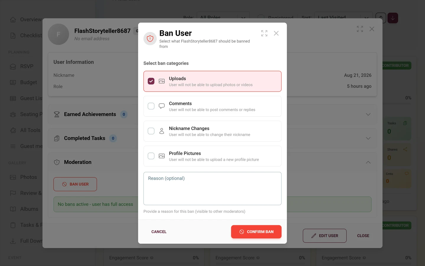 Ban User dialog with the four categories, Uploads ticked and the reason field