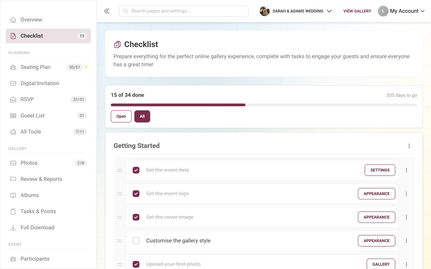Setup checklist with the progress header, categories and tasks