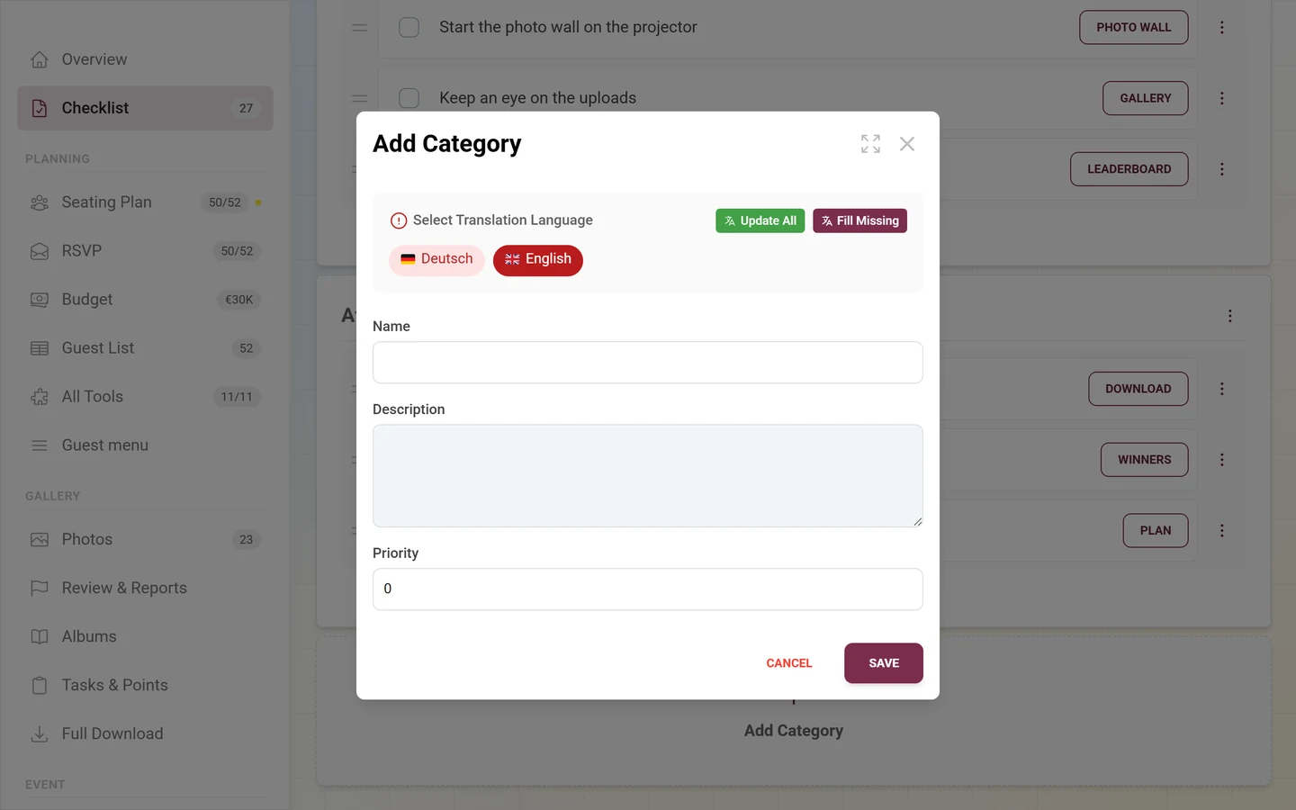 Add Category dialog with language selector, name, description and priority