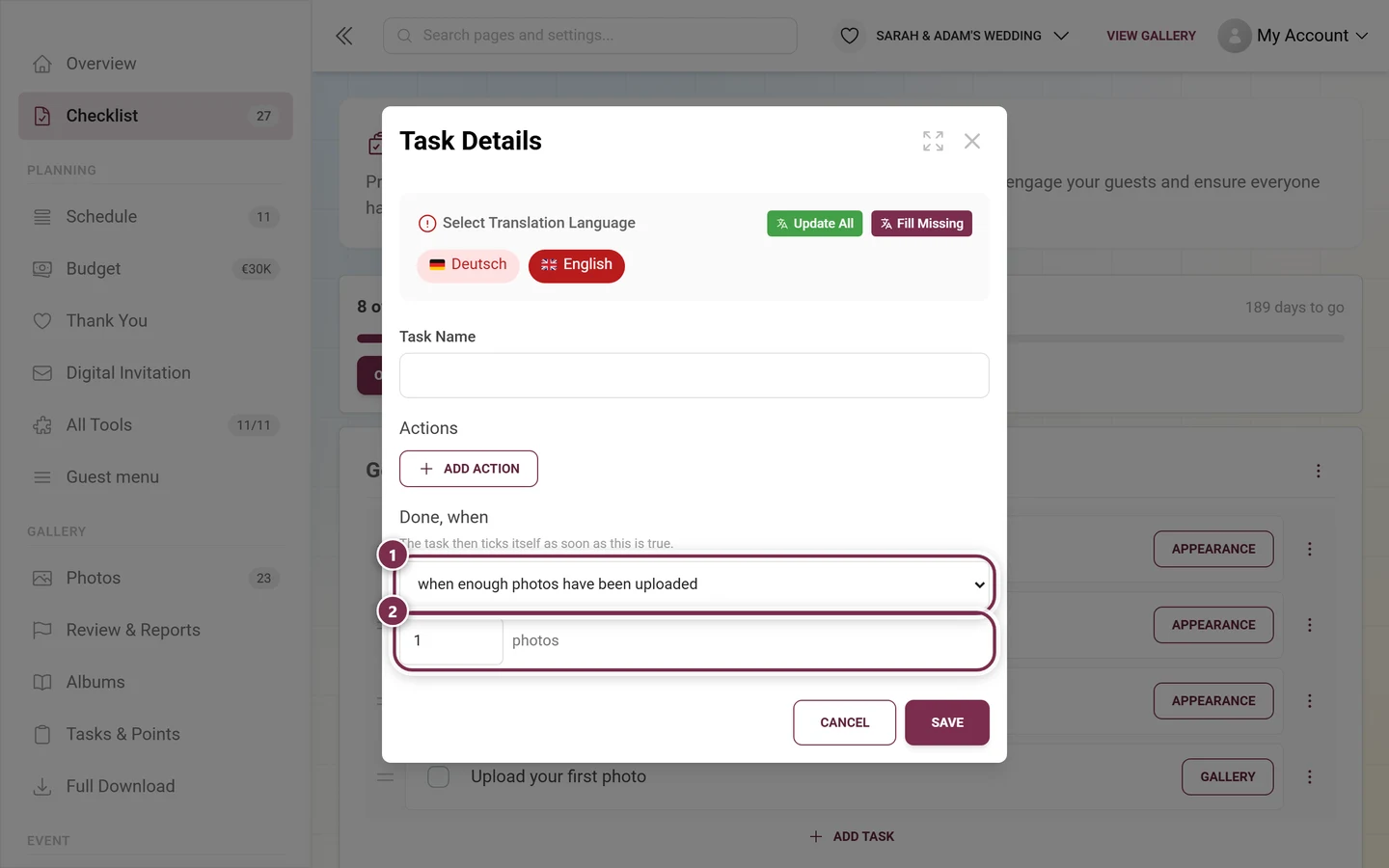 Task Details dialog with the Done, when picker and the revealed number field