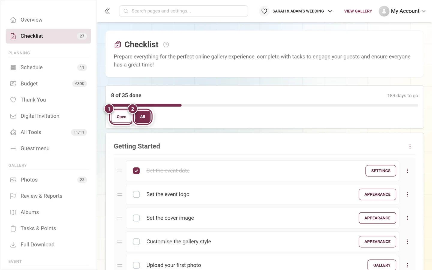 Header of the full checklist view with the filter buttons Open and All highlighted