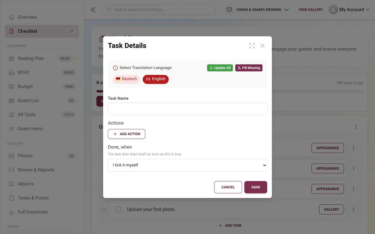 Task Details dialog with language selector, task name, Add action and the Done, when selector