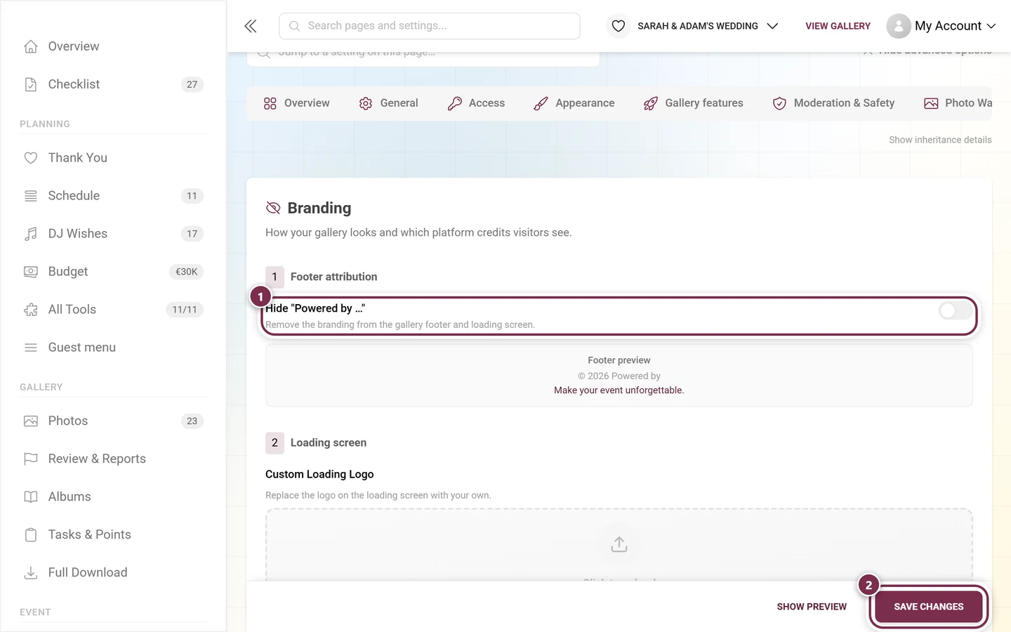 Footer attribution section with the switch and the save bar marked
