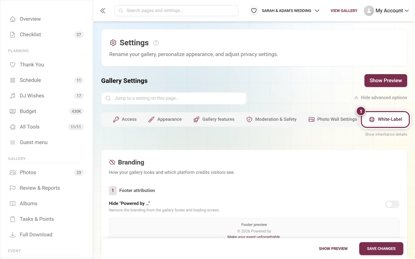 Settings tab bar with the White-Label tab highlighted