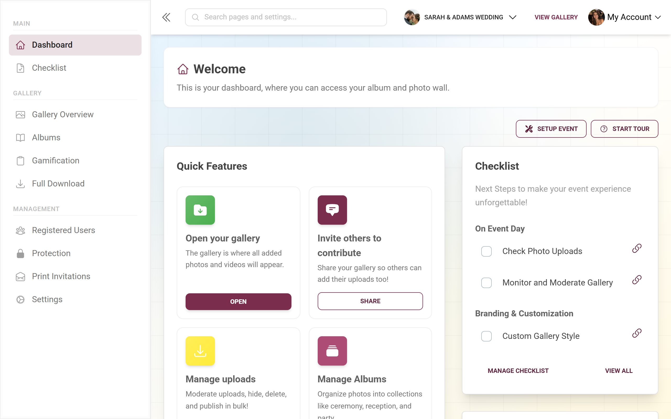 Admin overview with statistics, quick actions and checklist