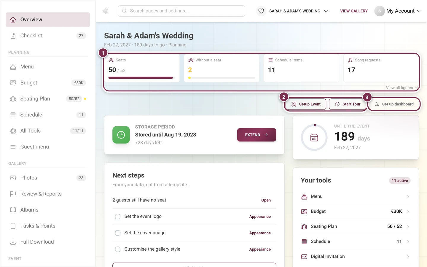 Admin dashboard with the Setup Event, Start Tour and Set up dashboard buttons plus the Next steps card