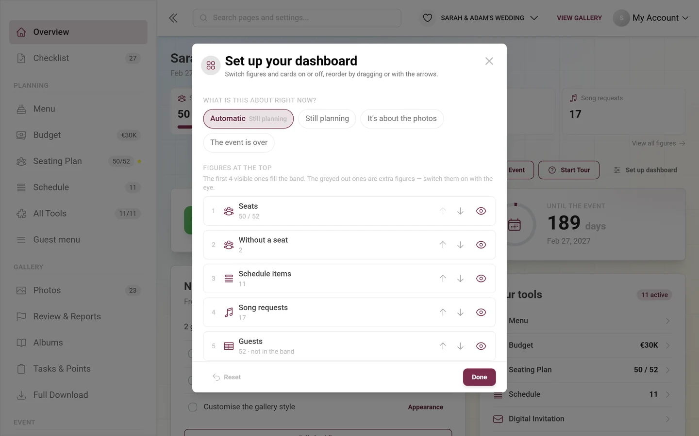 The “Set up your dashboard” dialog with phase, figures and cards