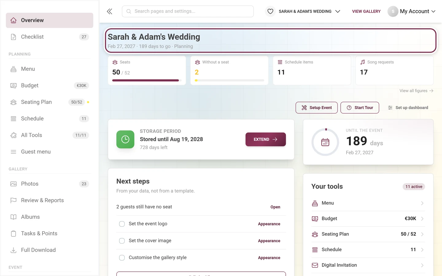 Dashboard header with the event name and the line made of date, days to go and phase