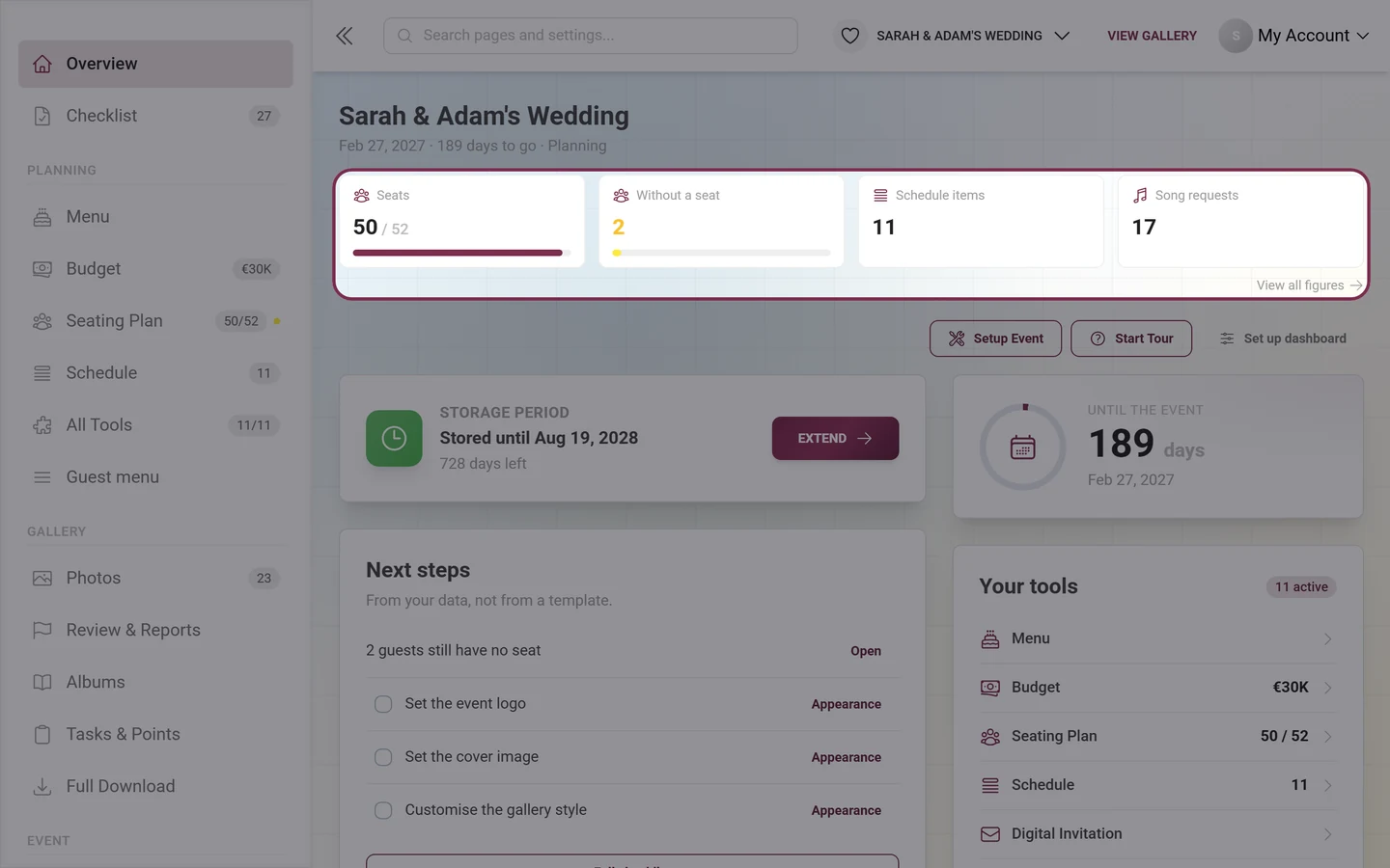 Metric band with photos, guests and storage in the host dashboard