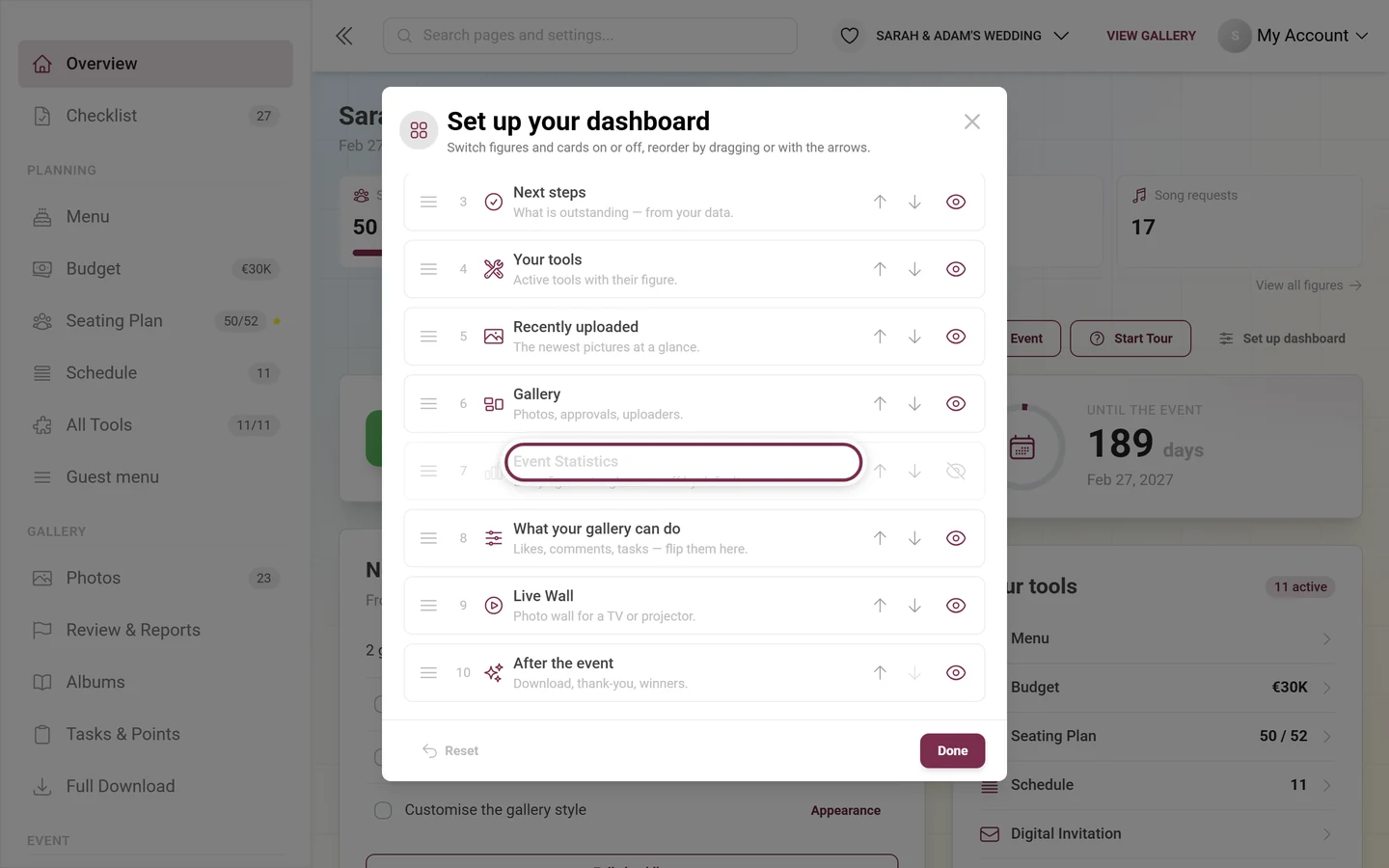 Set up your dashboard dialog with the Event Statistics card highlighted