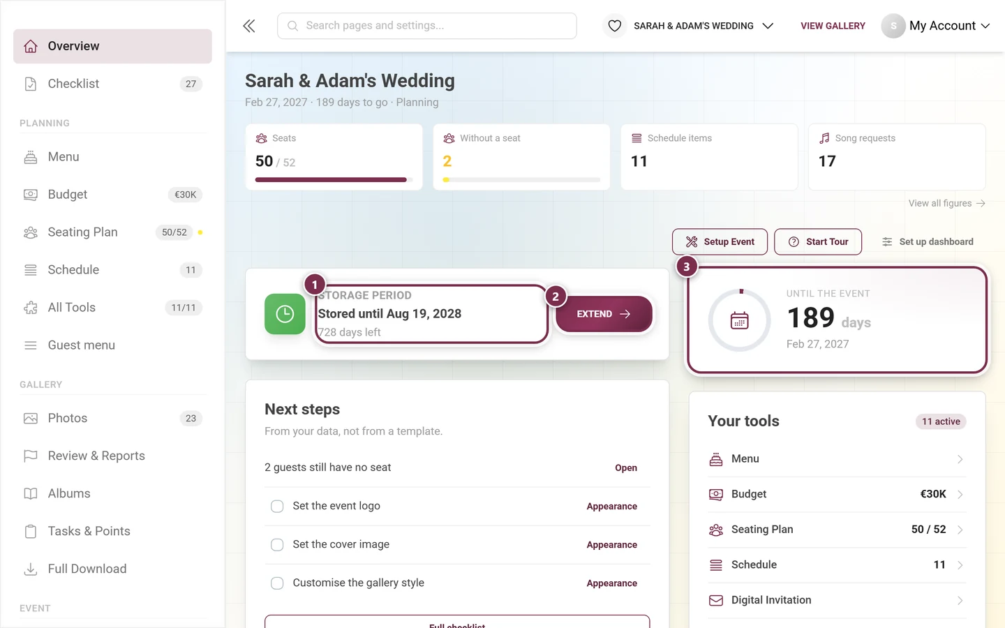 The storage period and countdown cards in the dashboard