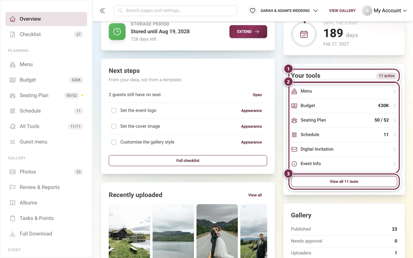 Dashboard card Your tools with active tools and their figures