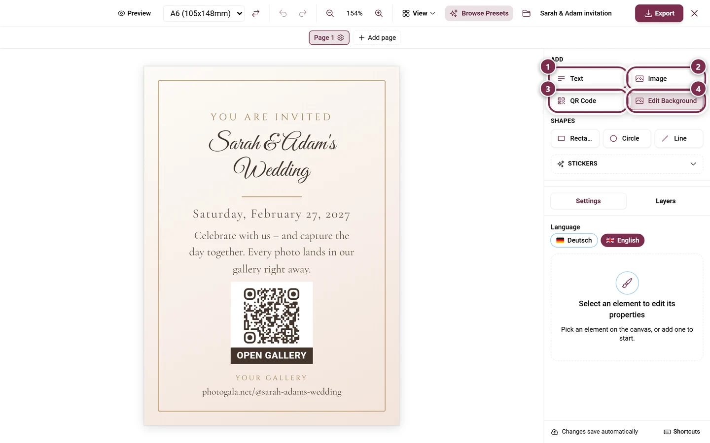 Add section in the right sidebar with the Text, Image, QR Code and Background buttons marked