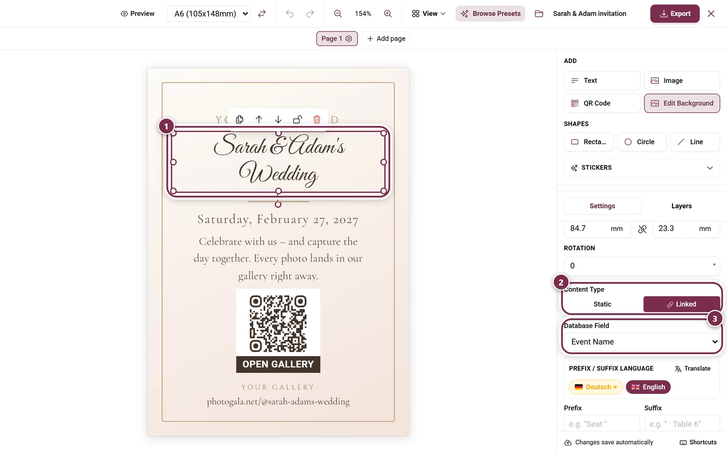 Selected dynamic text element with the properties panel and the field selector on the right