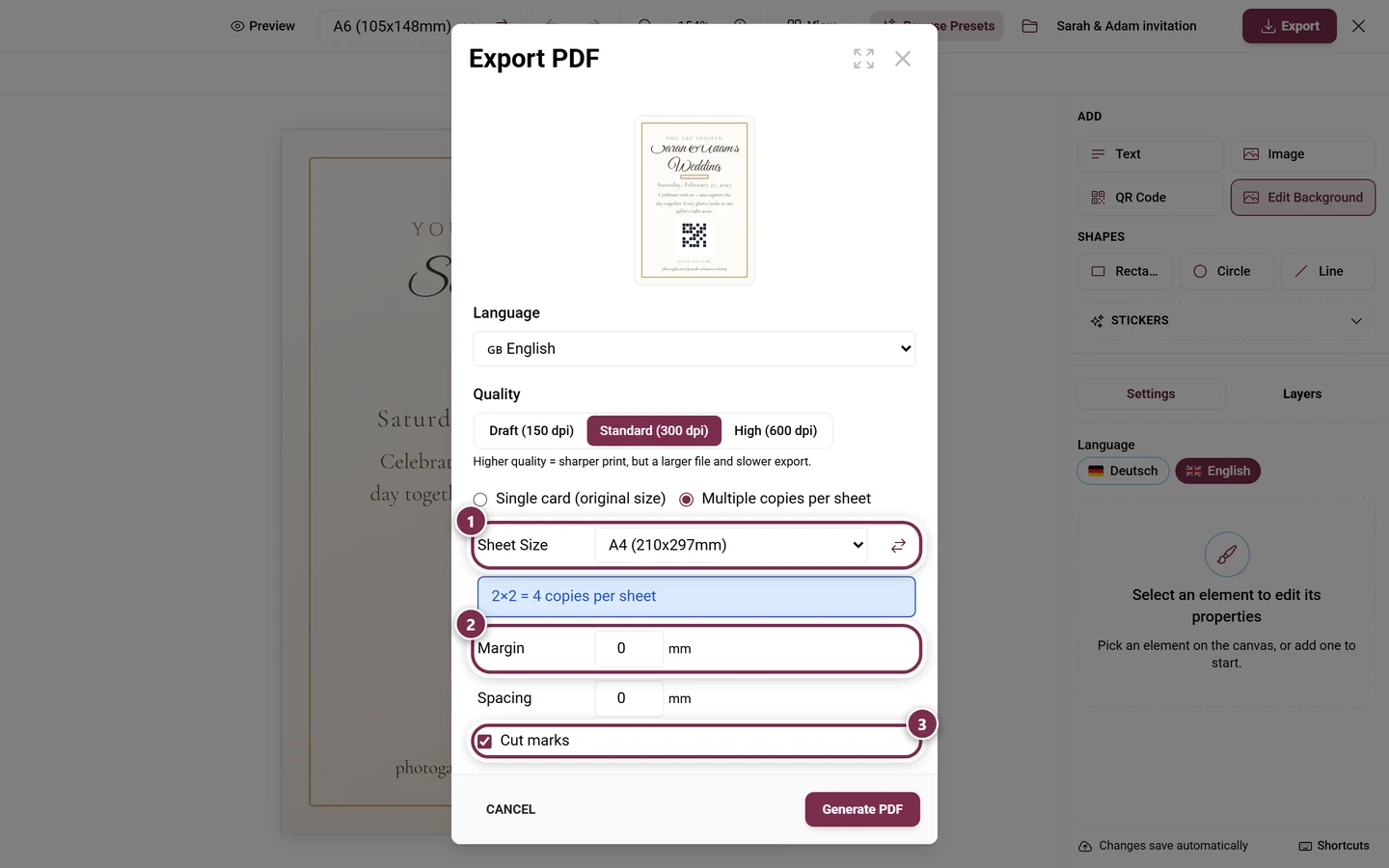 Sheet options in the export dialog with Sheet Size, Margin and Cut marks marked