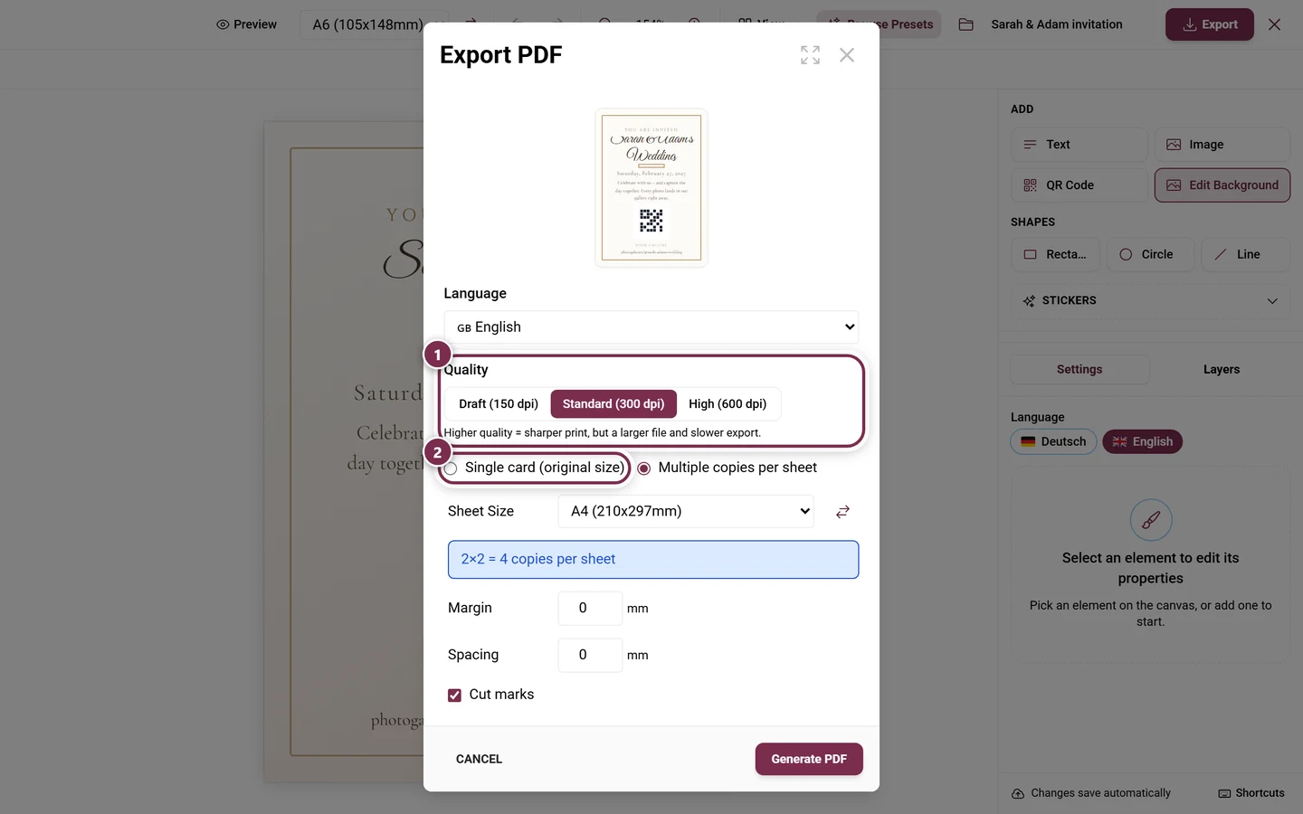 Design Studio export dialog with the quality selector and the layout choice marked