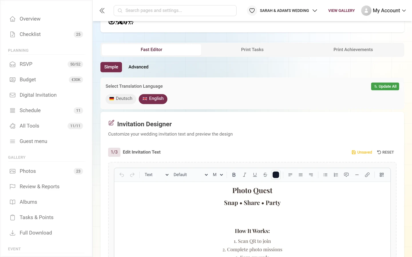 The fast template editor with a toolbar for adding text and designing the invitation