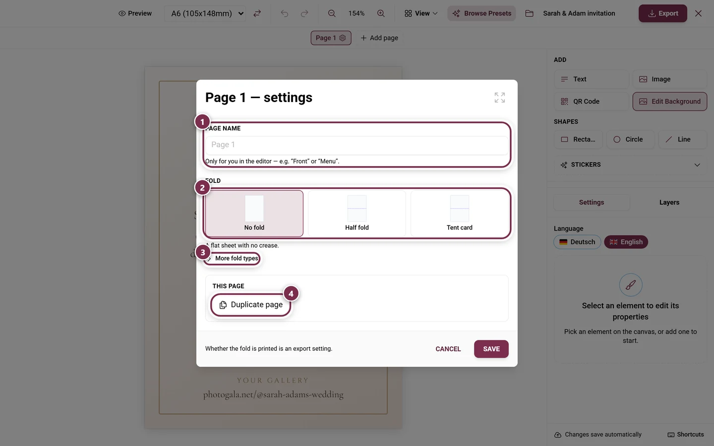 Page 1 - Settings dialog with page name and the three fold types